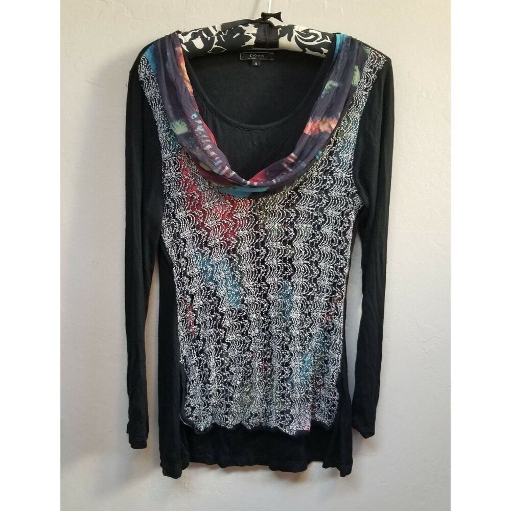 Cativa Womens Scarf Attached Blouse Top Small Drape Black Long Sleeve Casual